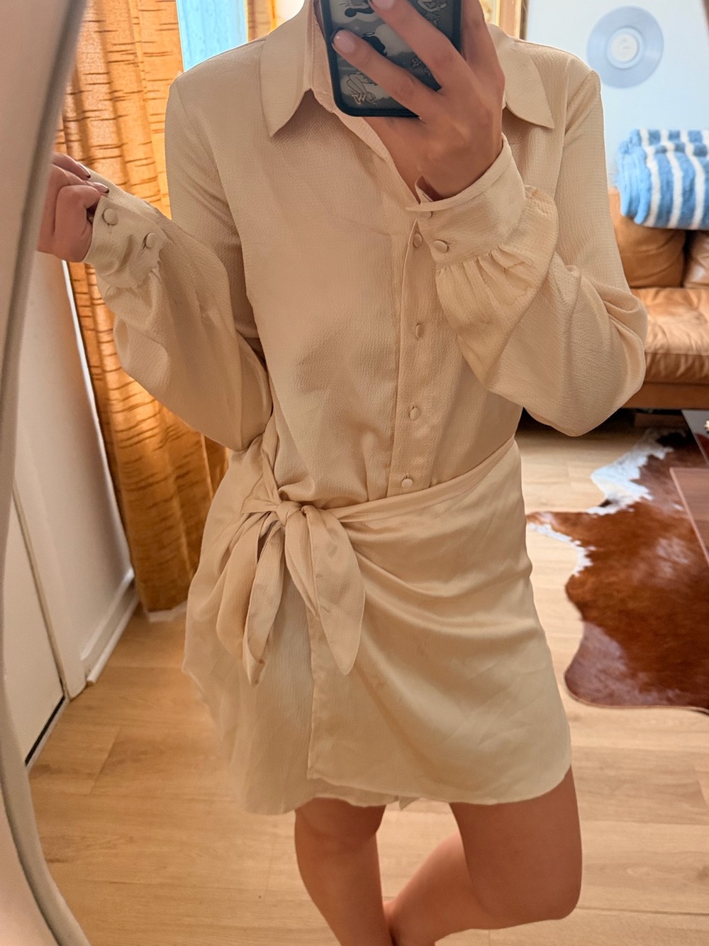 Women's Gold Shirt Dress with Tie Waist